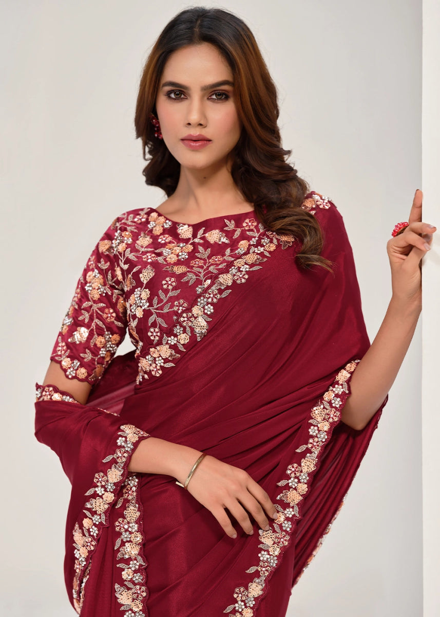 Maroon Red Crepe Georgette Saree with Intricate Sequin & Moti Embroidery - House of Sarvati LLC