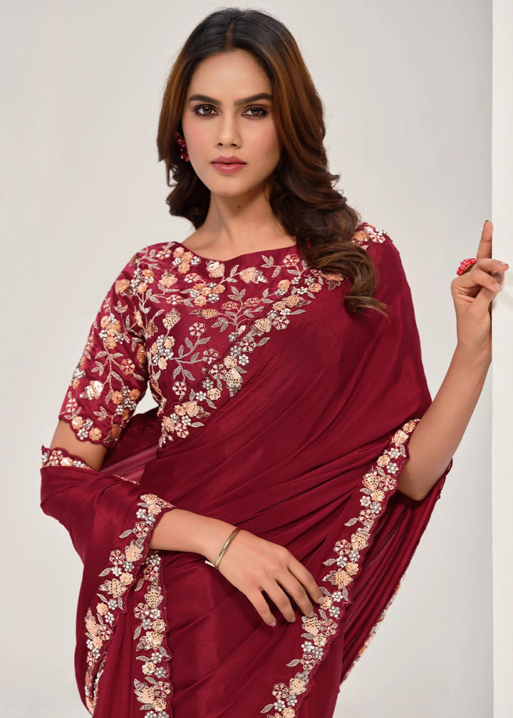 Maroon Red Crepe Georgette Saree with Intricate Sequin & Moti Embroidery - House of Sarvati LLC