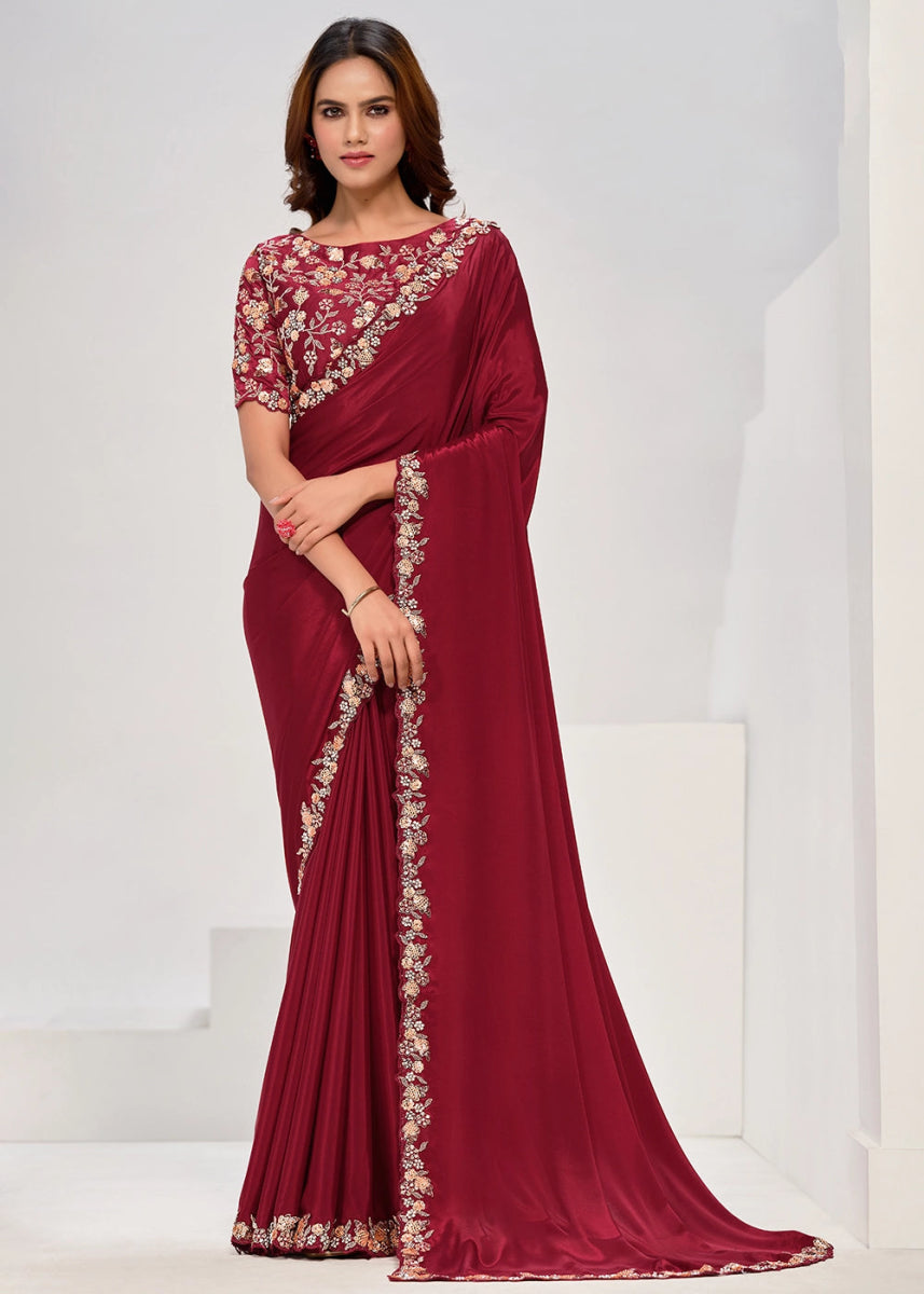 Maroon Red Crepe Georgette Saree with Intricate Sequin & Moti Embroidery - House of Sarvati LLC