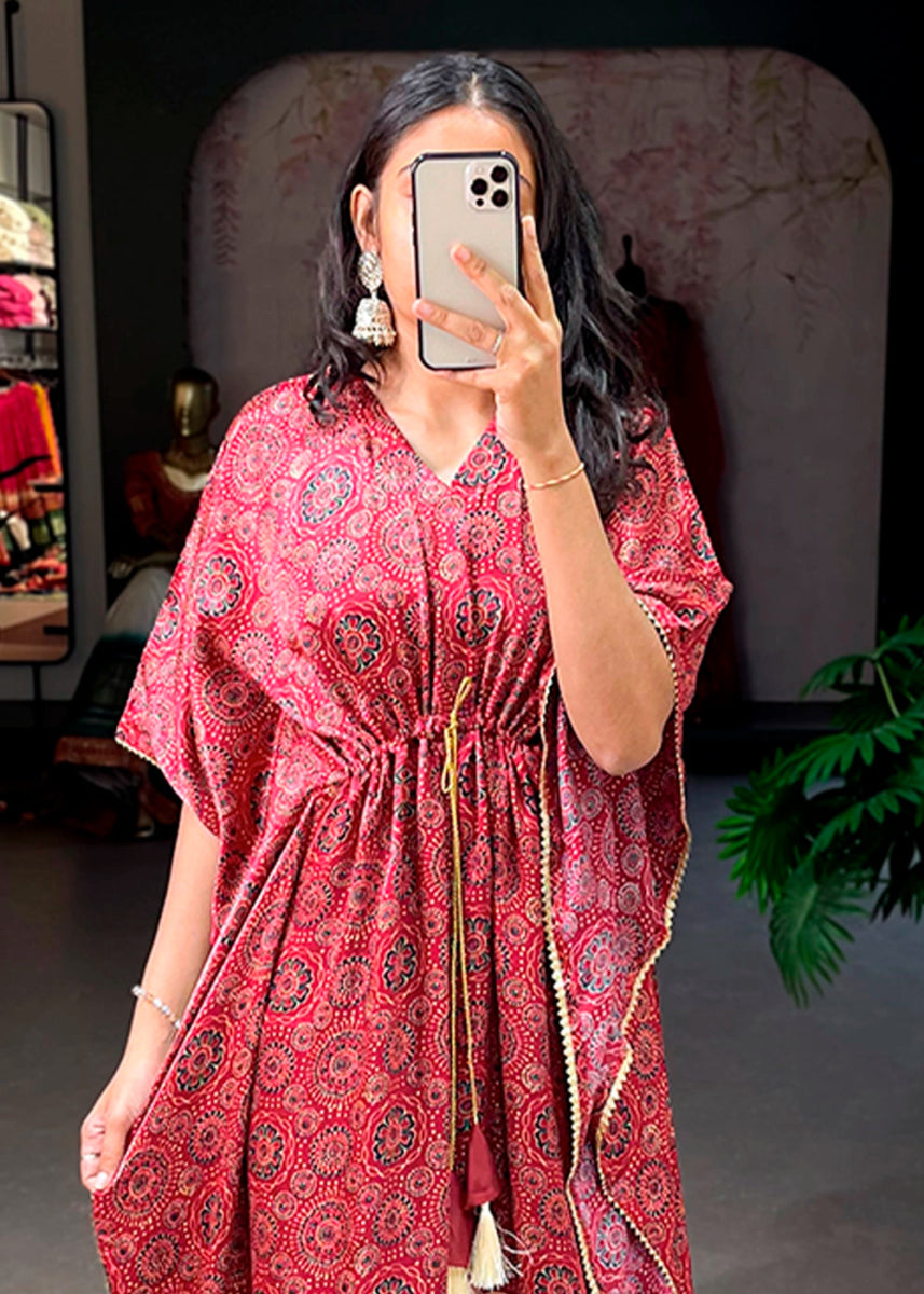 Maroon Red Gaji Silk Kaftan with Gota Patti Lace and All - Over Digital Print - House of Sarvati LLC