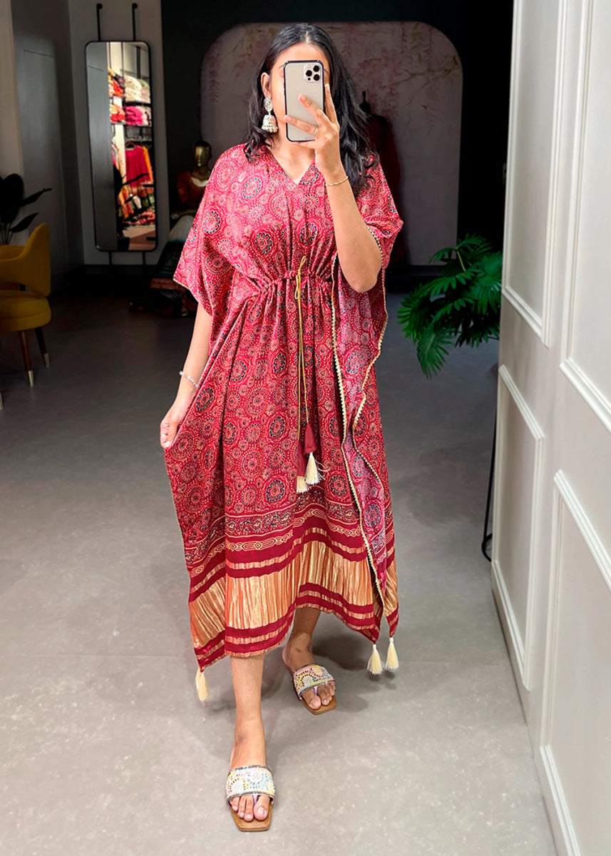 Maroon Red Gaji Silk Kaftan with Gota Patti Lace and All - Over Digital Print - House of Sarvati LLC