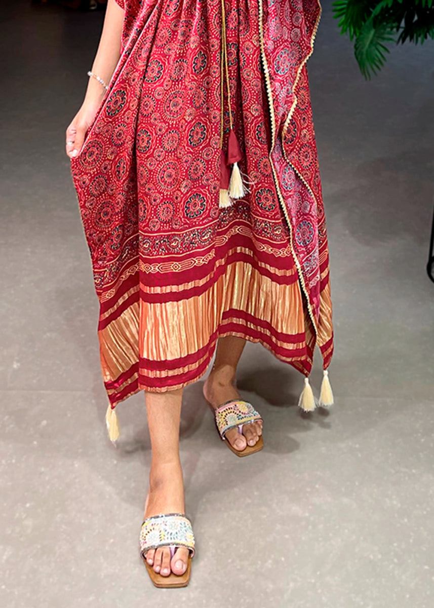 Maroon Red Gaji Silk Kaftan with Gota Patti Lace and All - Over Digital Print - House of Sarvati LLC