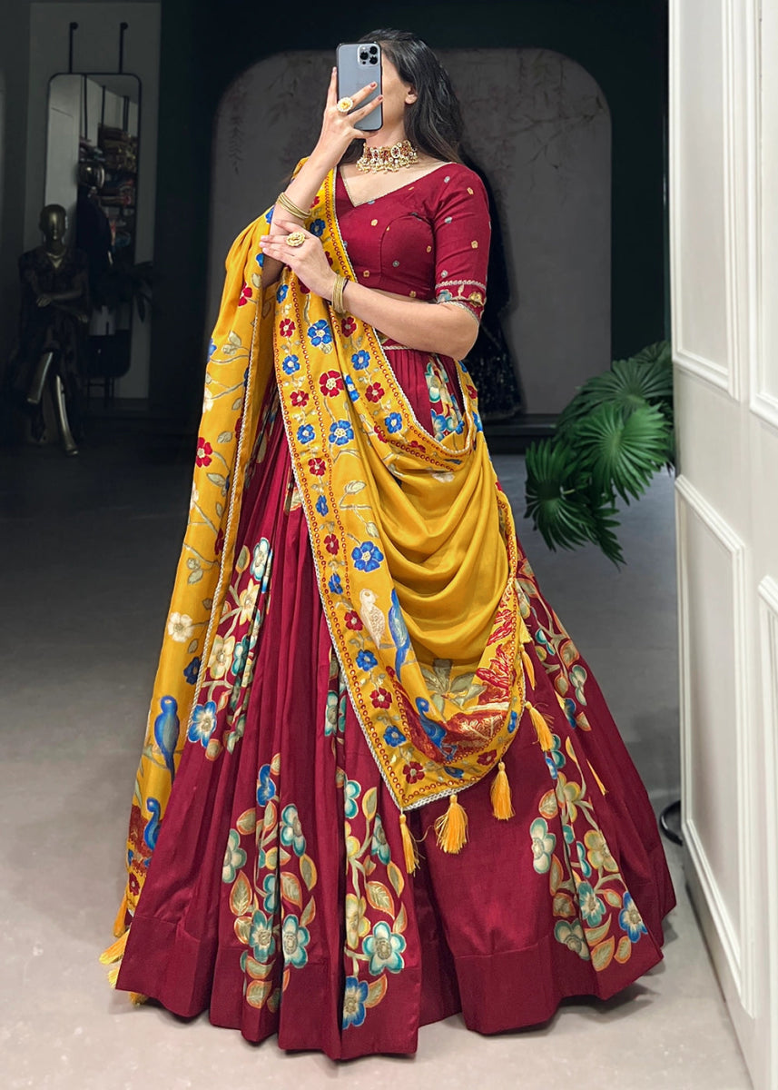 Maroon Red Lehenga Choli in Tussar Silk with Blooming Floral Patterns - House of Sarvati LLC
