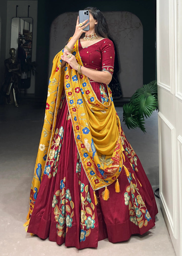 Maroon Red Lehenga Choli in Tussar Silk with Blooming Floral Patterns - House of Sarvati LLC