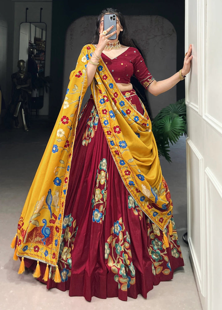 Maroon Red Lehenga Choli in Tussar Silk with Blooming Floral Patterns - House of Sarvati LLC
