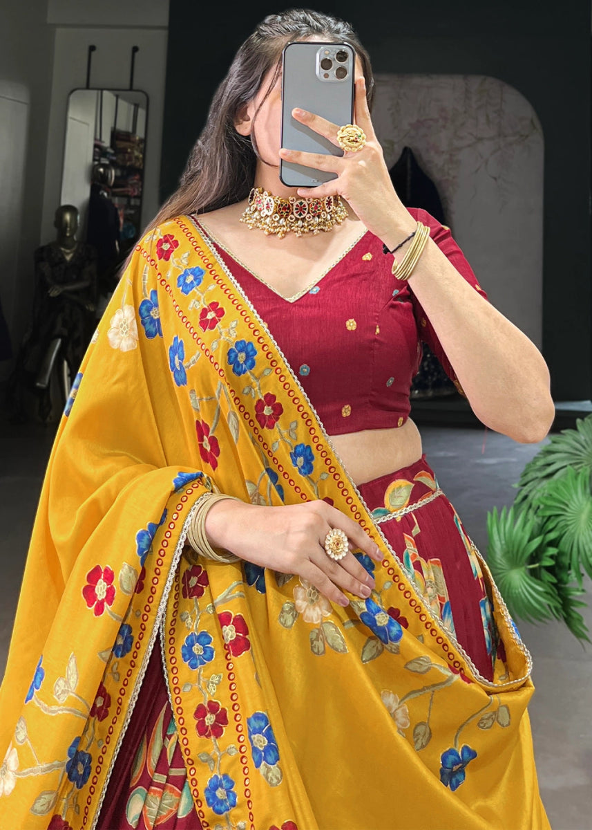 Maroon Red Lehenga Choli in Tussar Silk with Blooming Floral Patterns - House of Sarvati LLC