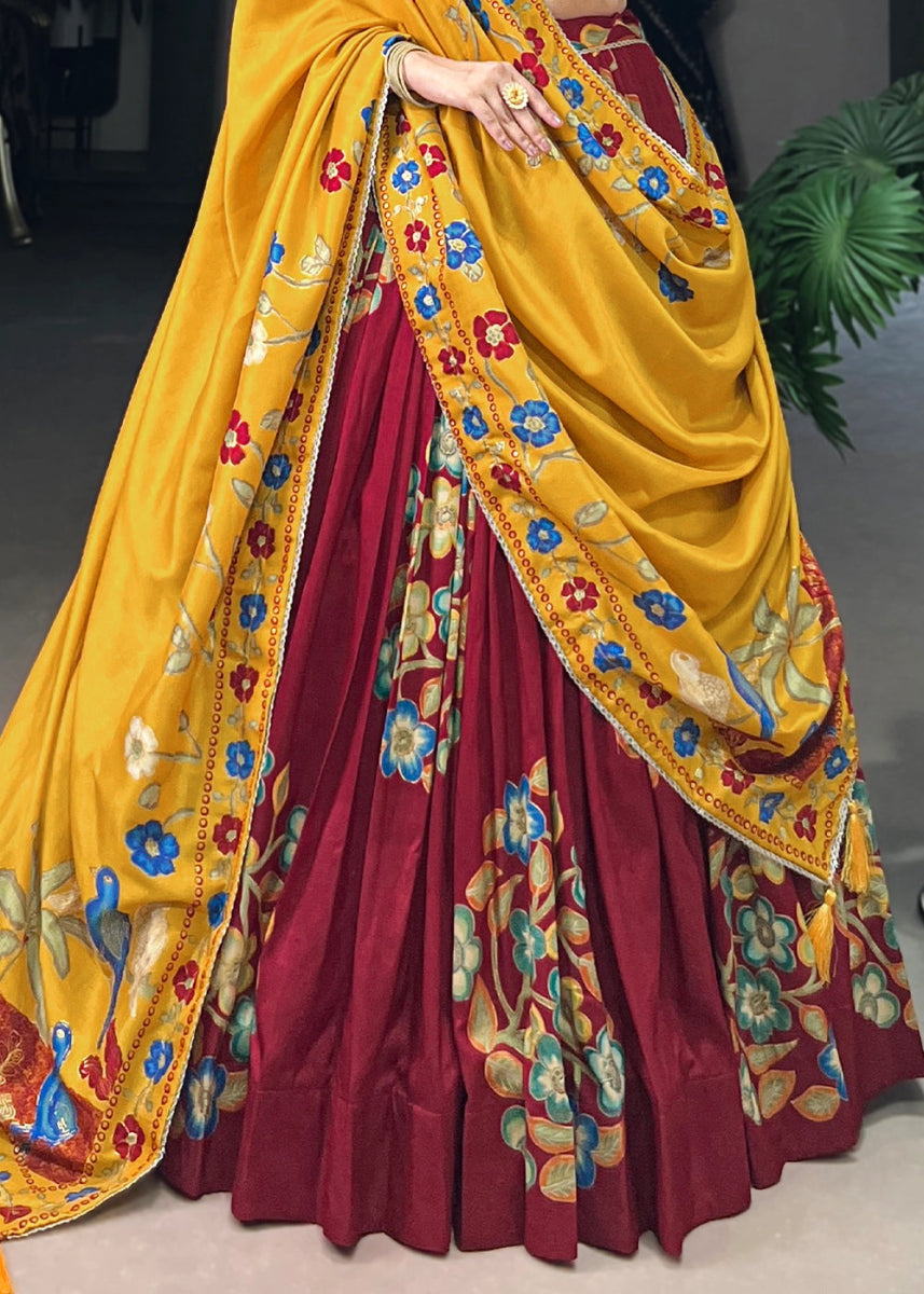 Maroon Red Lehenga Choli in Tussar Silk with Blooming Floral Patterns - House of Sarvati LLC