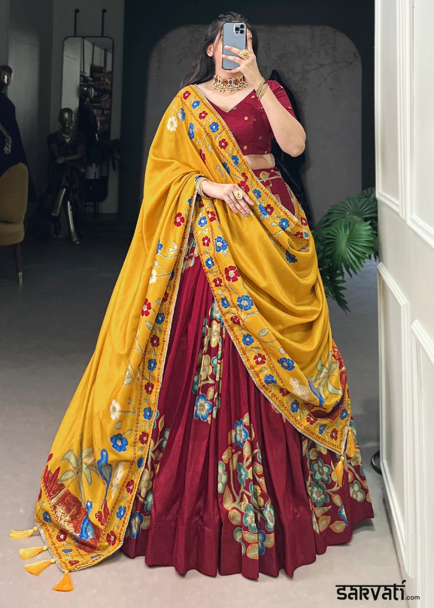 Maroon Red Lehenga Choli in Tussar Silk with Blooming Floral Patterns - House of Sarvati LLC