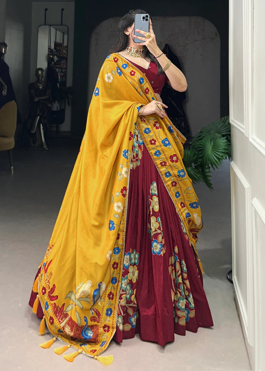 Maroon Red Lehenga Choli in Tussar Silk with Blooming Floral Patterns - House of Sarvati LLC