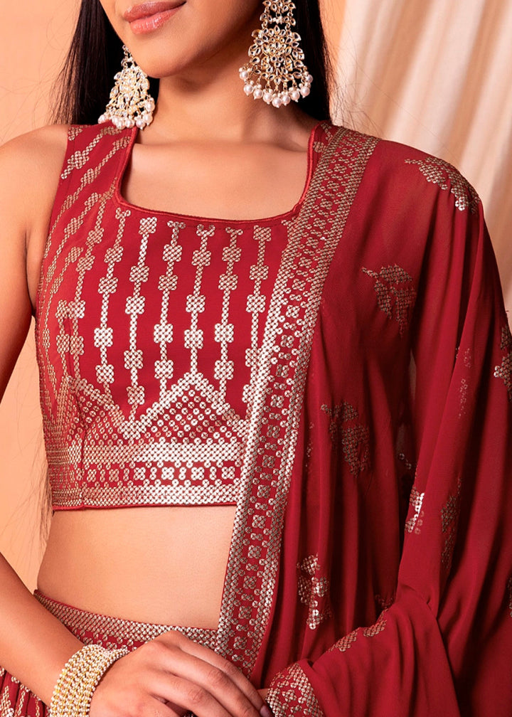Maroon Red Net Lehenga Choli with Handcrafted Sequins – Bridesmaids & Festive Wear - House of Sarvati LLC