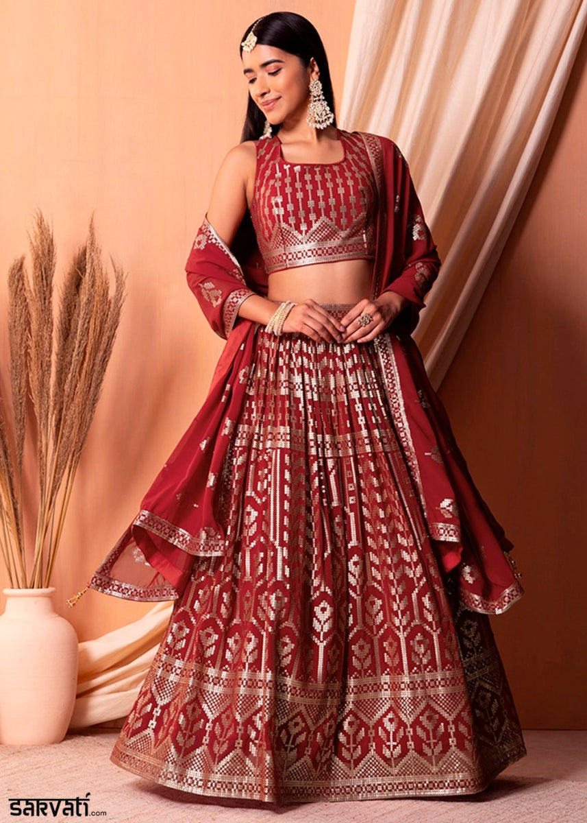 Maroon Red Net Lehenga Choli with Handcrafted Sequins – Bridesmaids & Festive Wear - House of Sarvati LLC