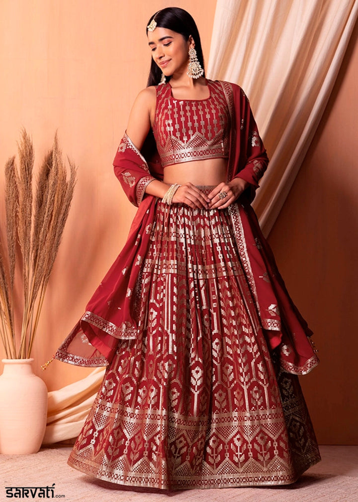 Maroon Red Net Lehenga Choli with Handcrafted Sequins – Bridesmaids & Festive Wear - House of Sarvati LLC