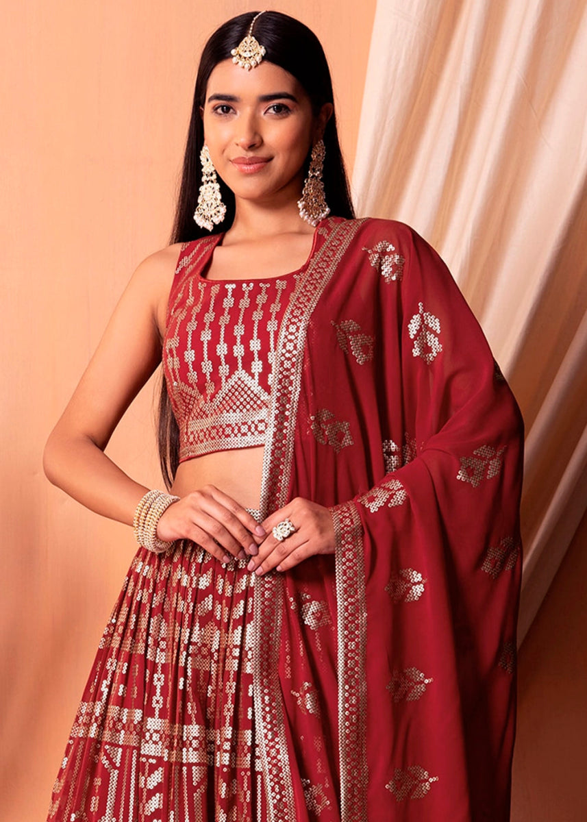 Maroon Red Net Lehenga Choli with Handcrafted Sequins – Bridesmaids & Festive Wear - House of Sarvati LLC