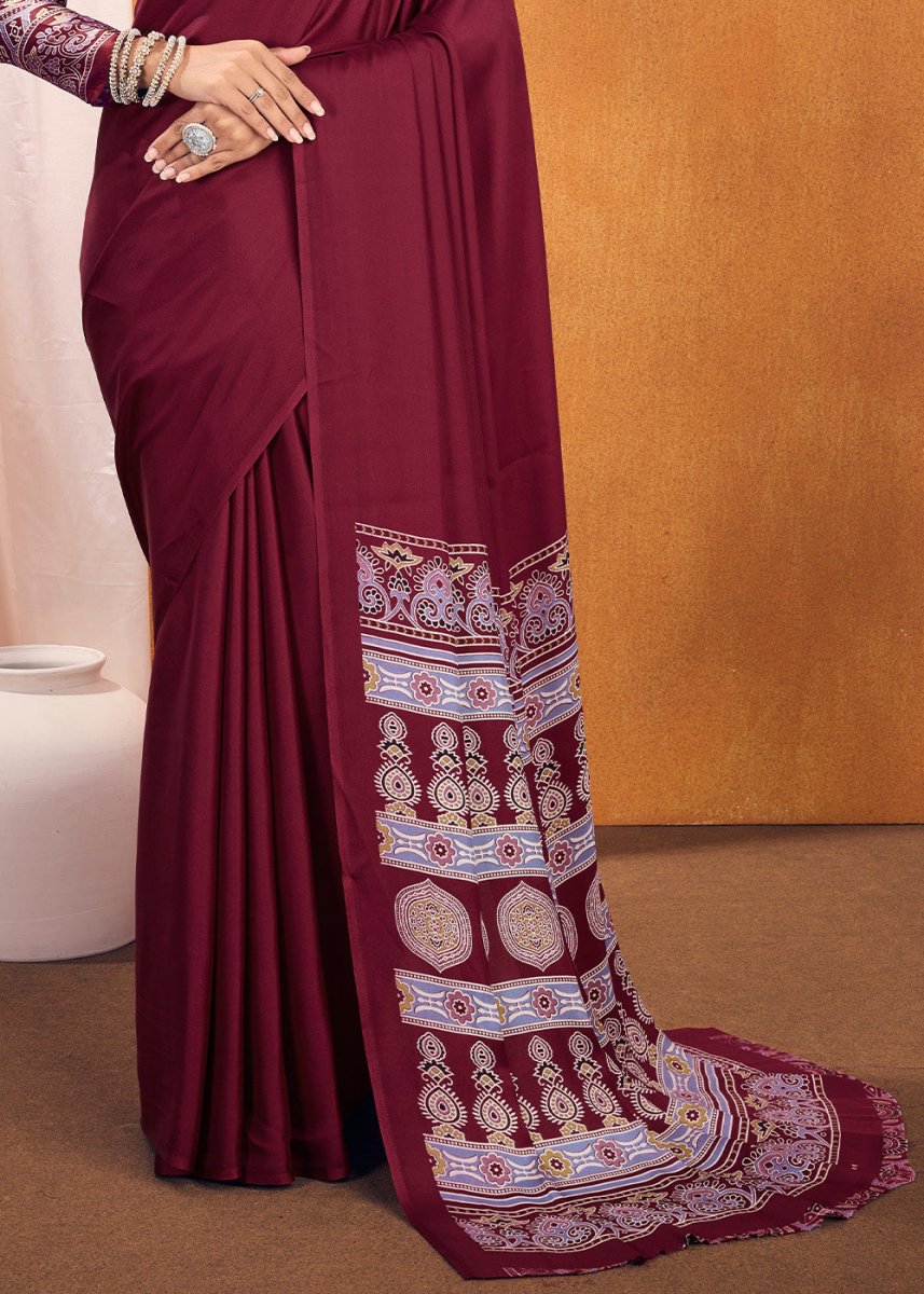 Maroon Red Satin Crepe Ajrakh Gala Printed Saree - House of Sarvati LLC