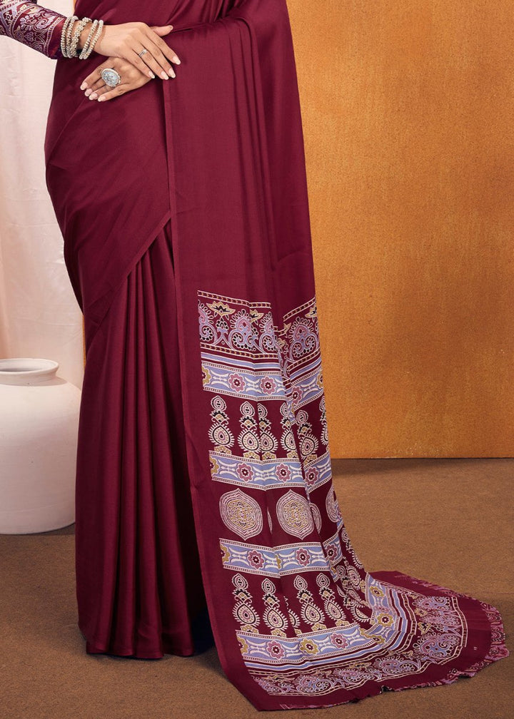 Maroon Red Satin Crepe Ajrakh Gala Printed Saree - House of Sarvati LLC