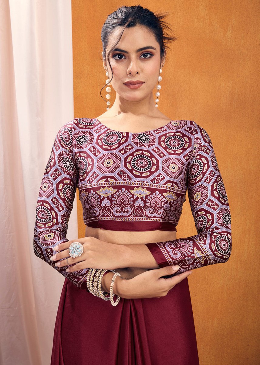 Maroon Red Satin Crepe Ajrakh Gala Printed Saree - House of Sarvati LLC
