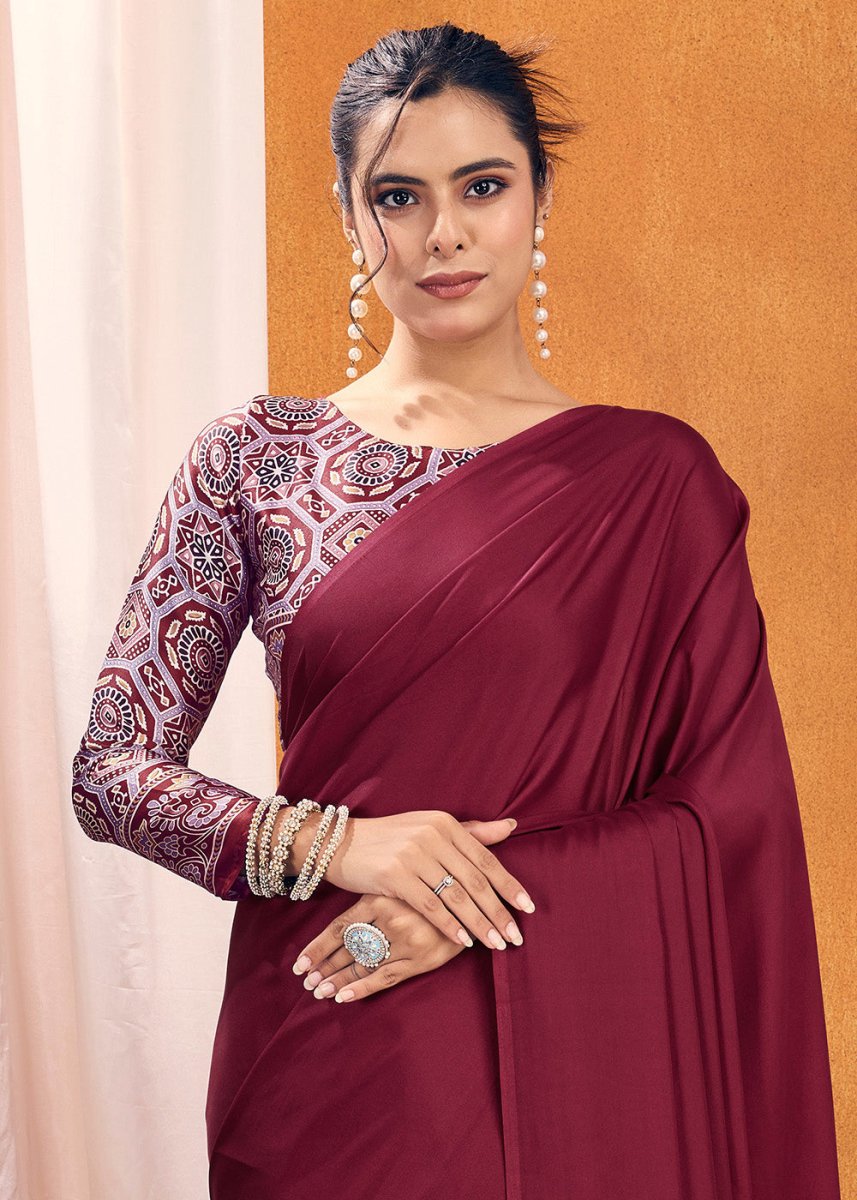 Maroon Red Satin Crepe Ajrakh Gala Printed Saree - House of Sarvati LLC