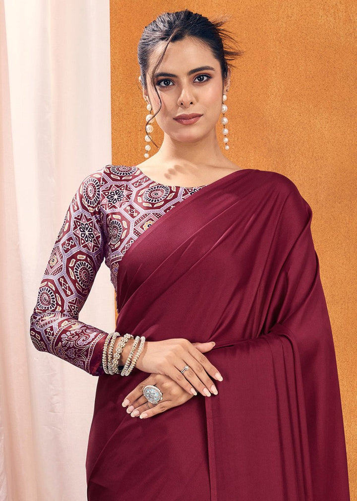 Maroon Red Satin Crepe Ajrakh Gala Printed Saree - House of Sarvati LLC