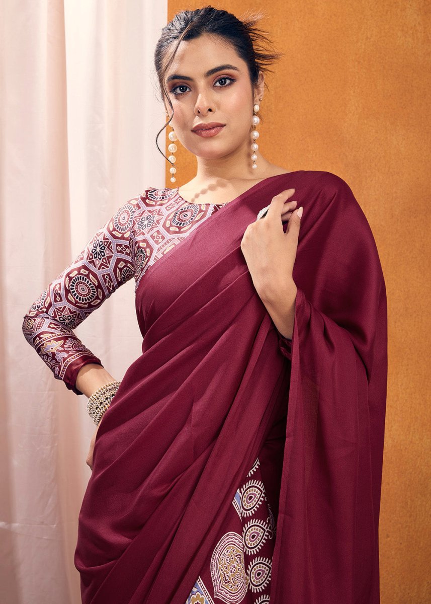 Maroon Red Satin Crepe Ajrakh Gala Printed Saree - House of Sarvati LLC