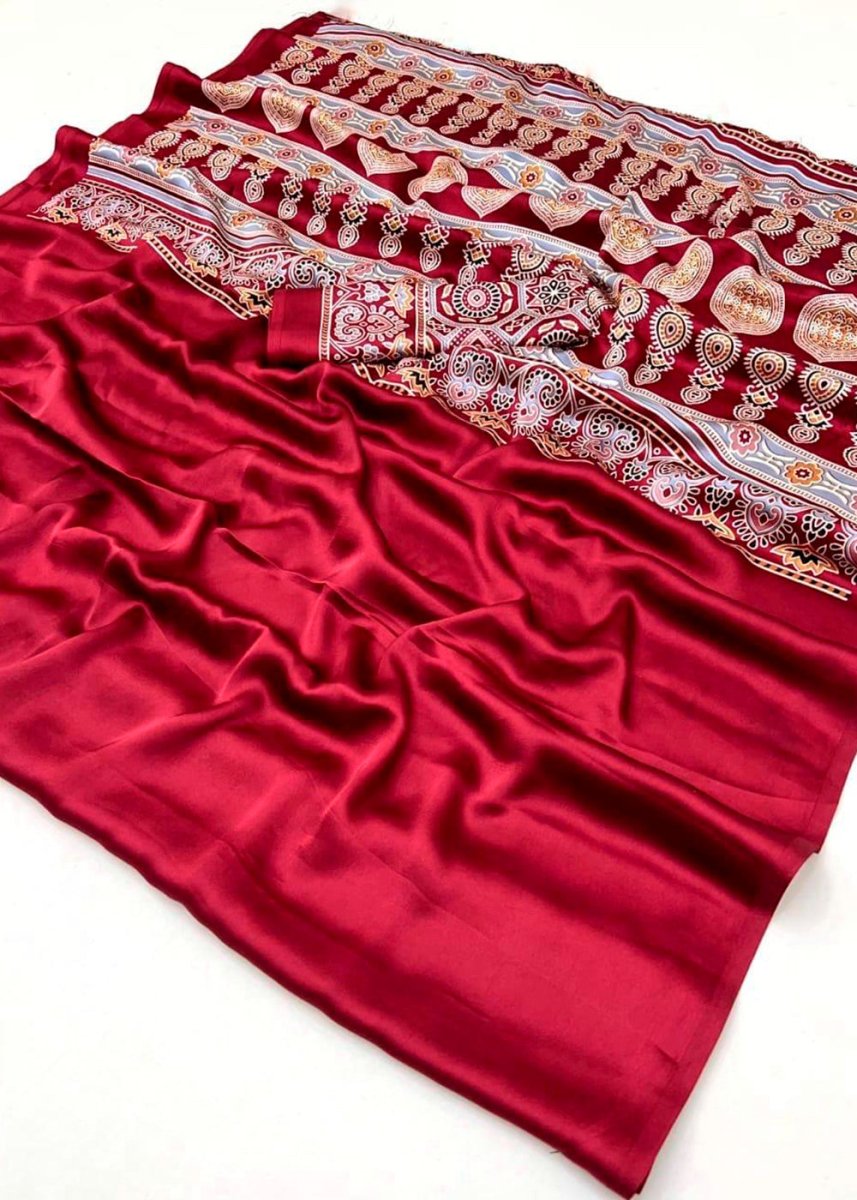 Maroon Red Satin Crepe Ajrakh Gala Printed Saree - House of Sarvati LLC