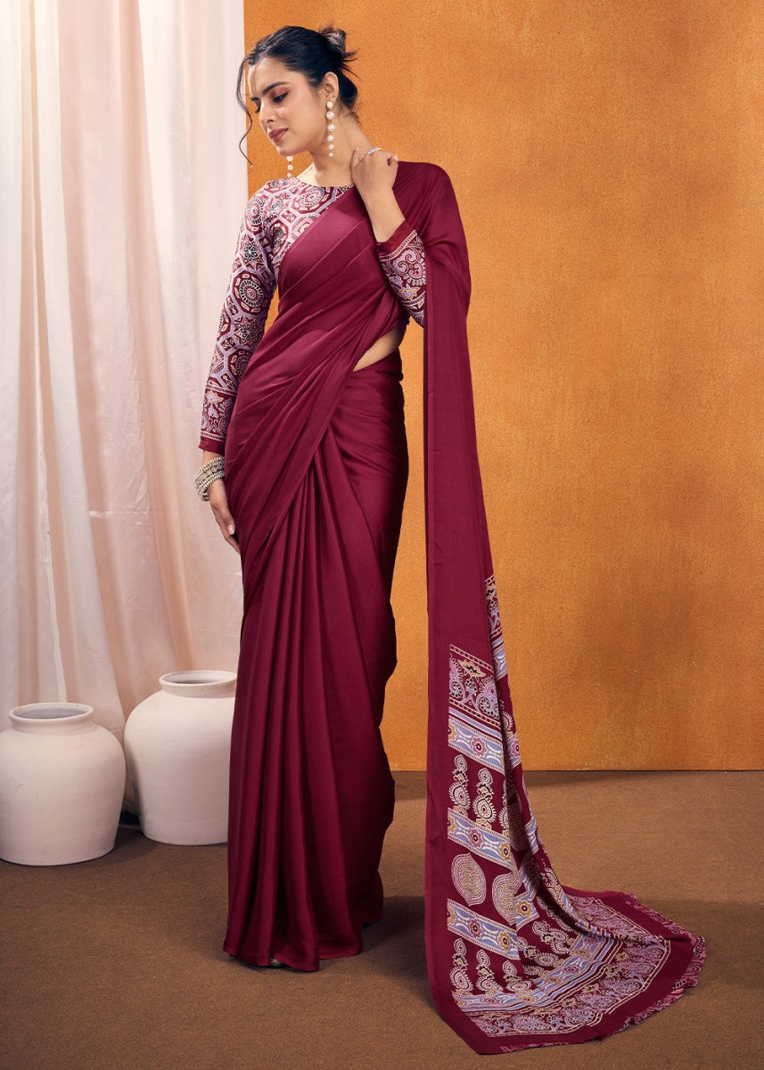 Maroon Red Satin Crepe Ajrakh Gala Printed Saree - House of Sarvati LLC