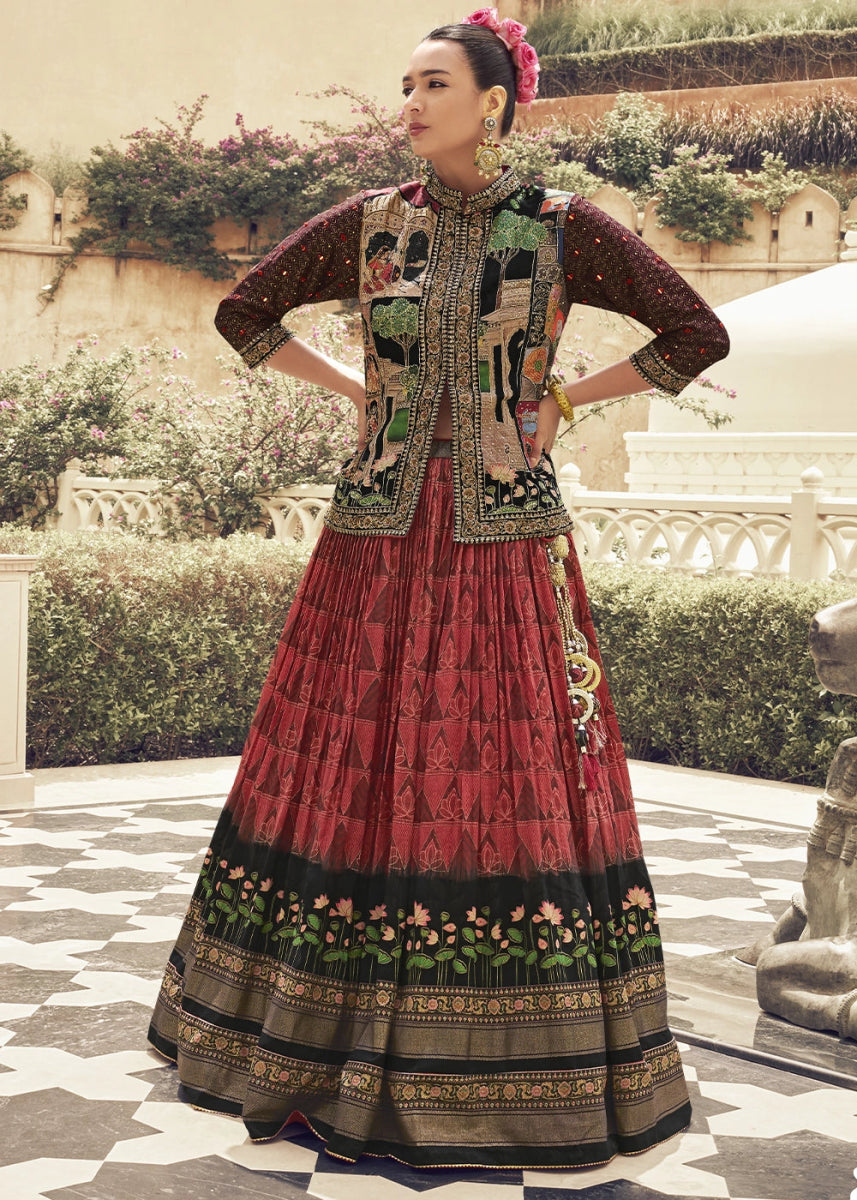 Maroon Red Silk Lehenga Choli Ensemble with Designer Embroidered Jacket - House of Sarvati LLC