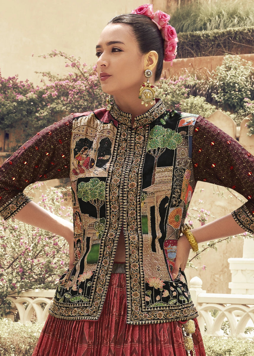 Maroon Red Silk Lehenga Choli Ensemble with Designer Embroidered Jacket - House of Sarvati LLC