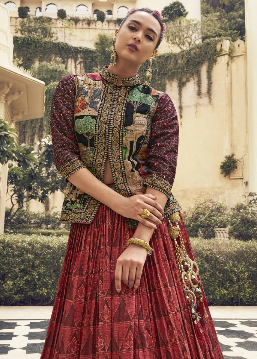 Maroon Red Silk Lehenga Choli Ensemble with Designer Embroidered Jacket - House of Sarvati LLC
