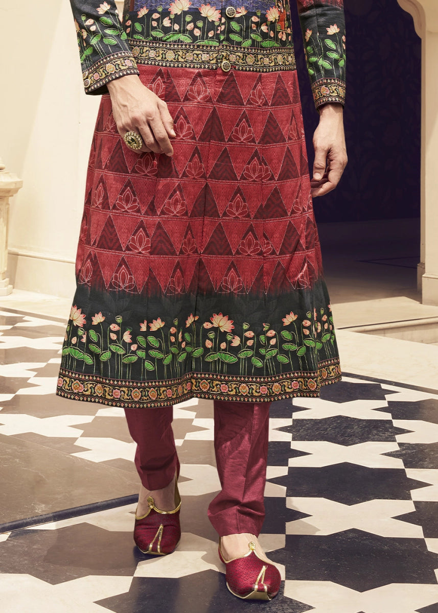 Maroon Red Silk Sherwani Set Ensemble with Elegant Print and Embroidery - House of Sarvati LLC