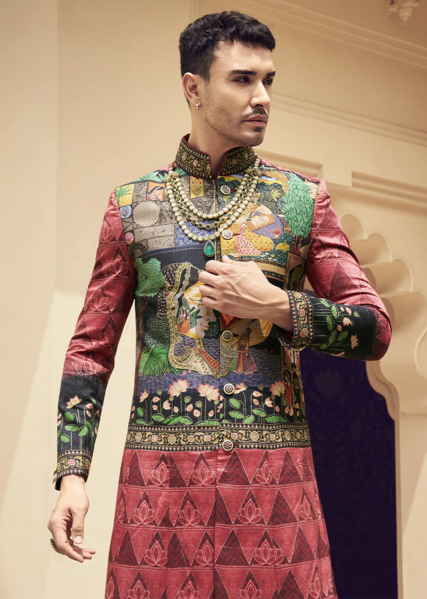 Maroon Red Silk Sherwani Set Ensemble with Elegant Print and Embroidery - House of Sarvati LLC