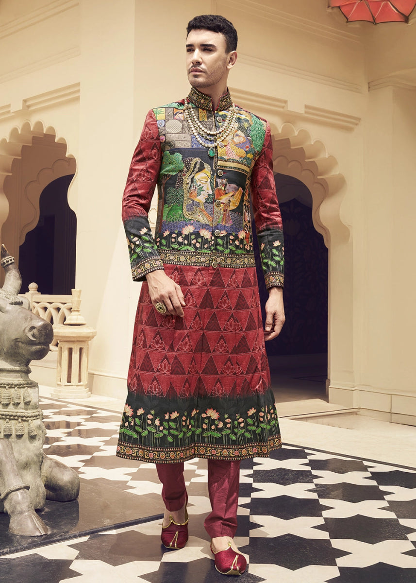 Maroon Red Silk Sherwani Set Ensemble with Elegant Print and Embroidery - House of Sarvati LLC
