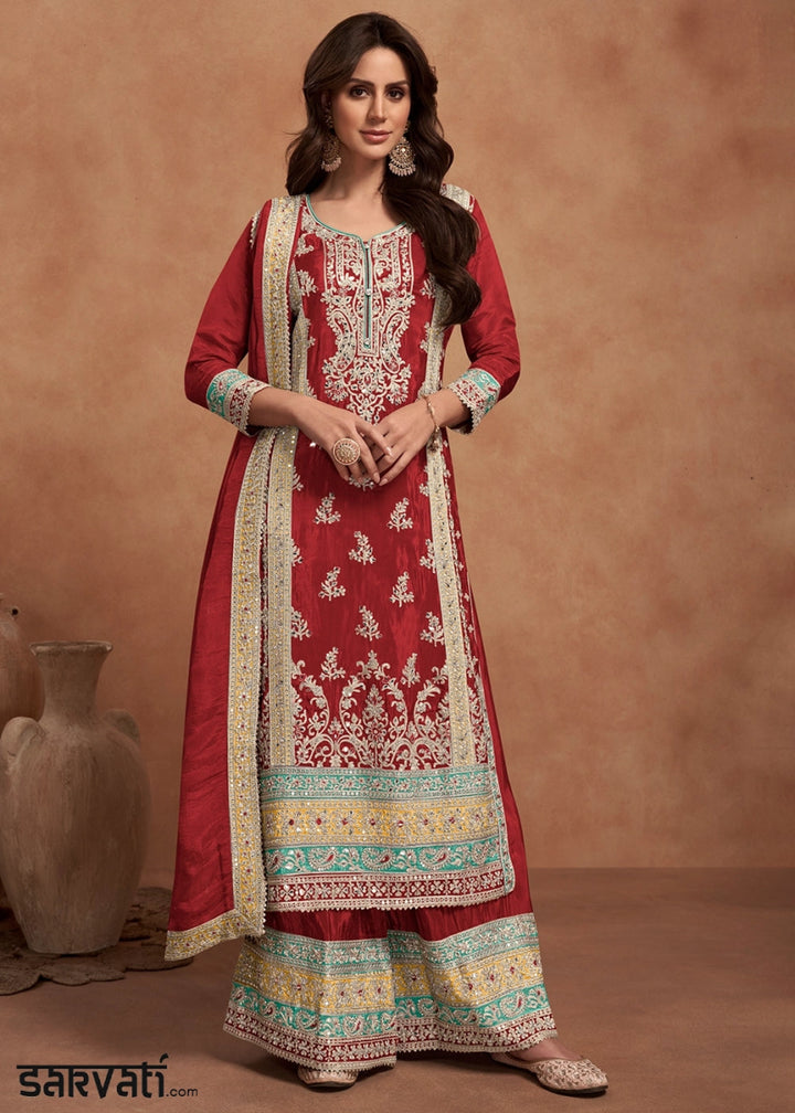 Maroon Red Simar Silk Palazzo Suit Adorned with Floral Embroidery - House of Sarvati LLC