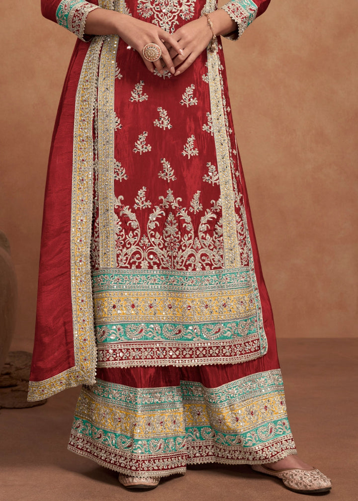 Maroon Red Simar Silk Palazzo Suit Adorned with Floral Embroidery - House of Sarvati LLC