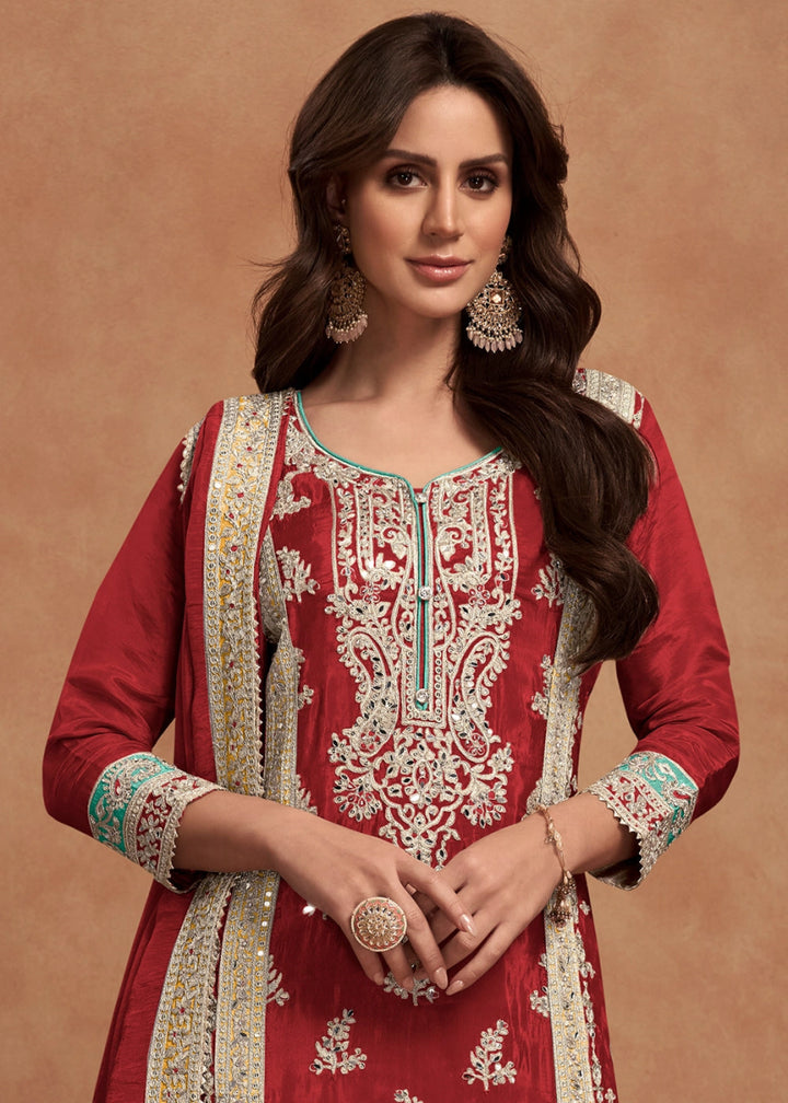 Maroon Red Simar Silk Palazzo Suit Adorned with Floral Embroidery - House of Sarvati LLC