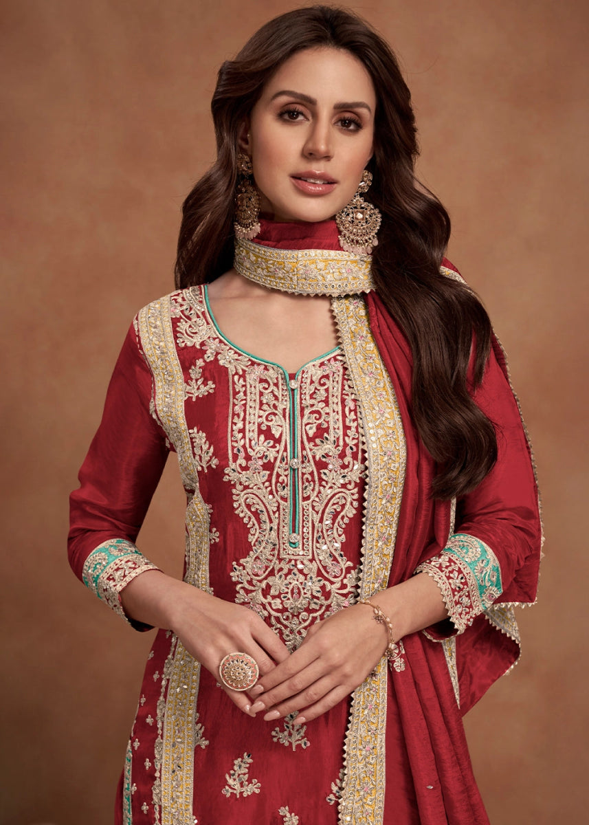 Maroon Red Simar Silk Palazzo Suit Adorned with Floral Embroidery - House of Sarvati LLC