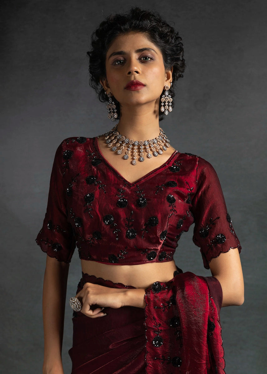Maroon Red Two Tone Satin Silk Saree with Intricate Zarkan & cut work Border - House of Sarvati LLC