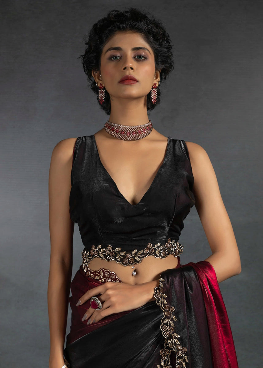 Maroon Red Two Tone Satin Silk Saree with Intricate Zarkan & cut work Border - House of Sarvati LLC