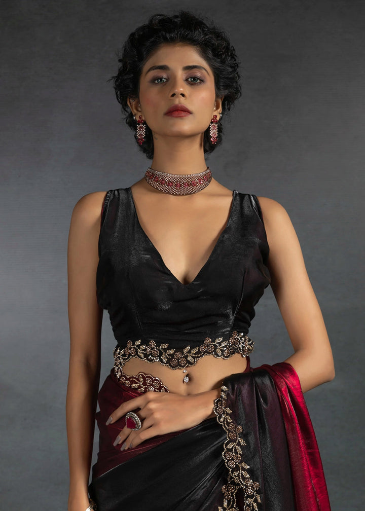 Maroon Red Two Tone Satin Silk Saree with Intricate Zarkan & cut work Border - House of Sarvati LLC