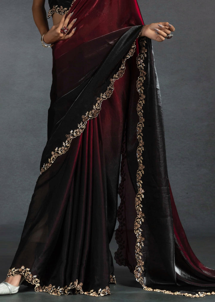 Maroon Red Two Tone Satin Silk Saree with Intricate Zarkan & cut work Border - House of Sarvati LLC