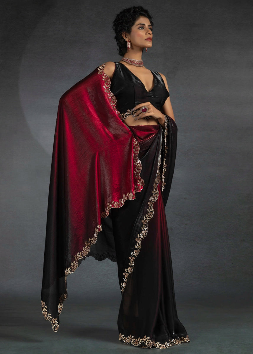 Maroon Red Two Tone Satin Silk Saree with Intricate Zarkan & cut work Border - House of Sarvati LLC