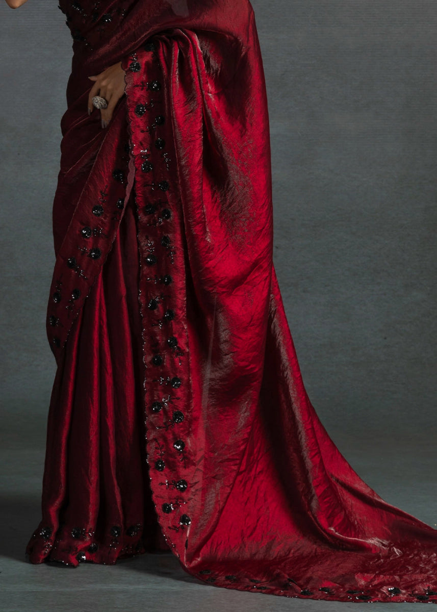 Maroon Red Two Tone Satin Silk Saree with Intricate Zarkan & cut work Border - House of Sarvati LLC