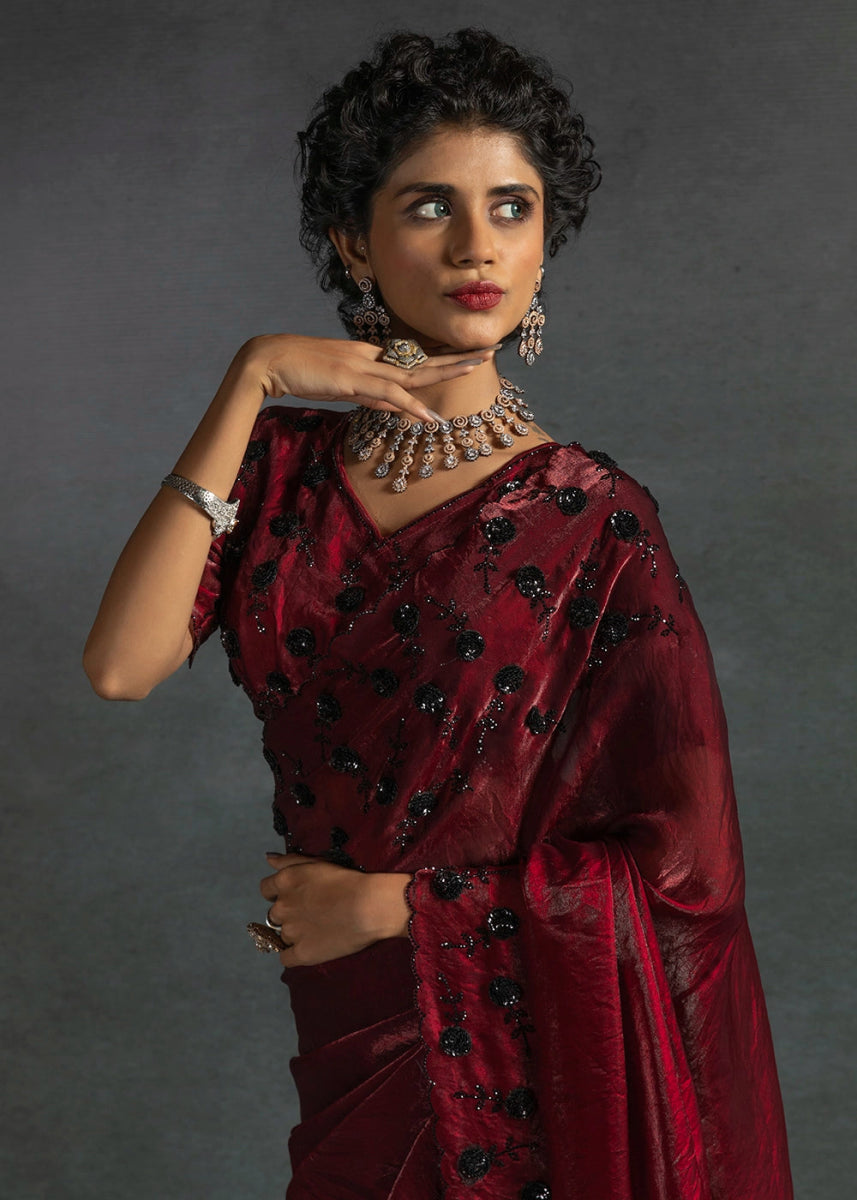 Maroon Red Two Tone Satin Silk Saree with Intricate Zarkan & cut work Border - House of Sarvati LLC