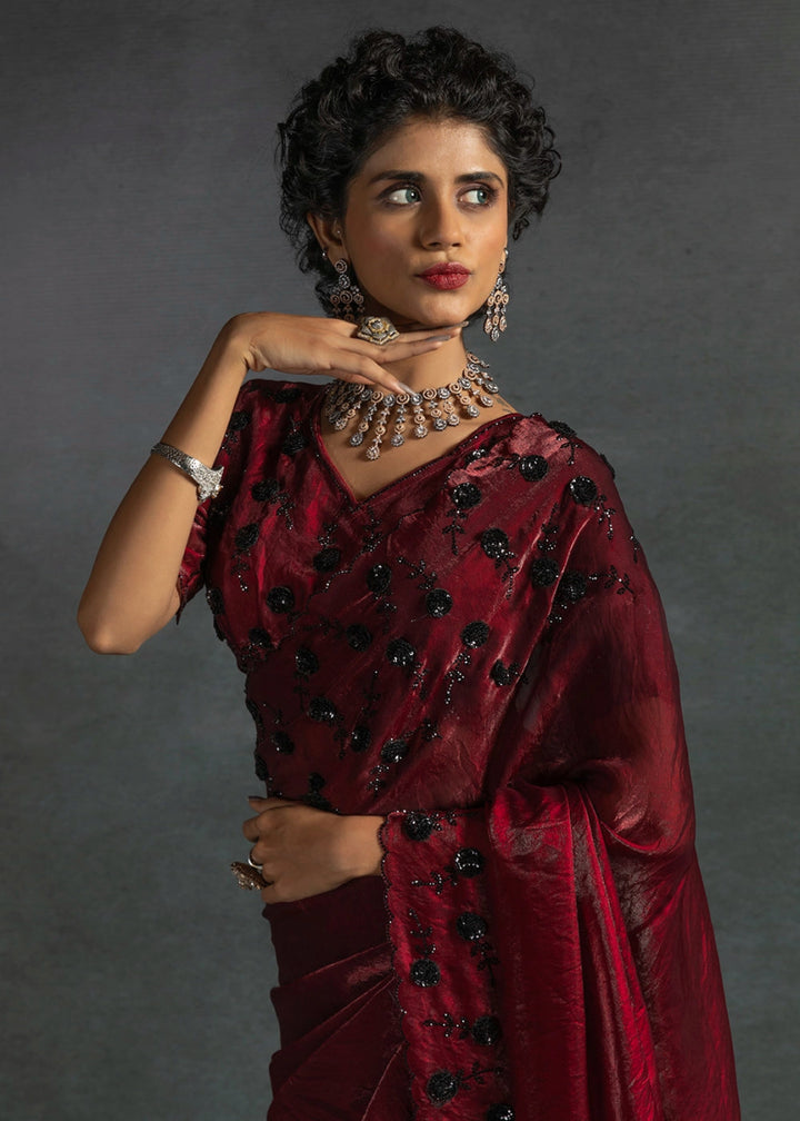 Maroon Red Two Tone Satin Silk Saree with Intricate Zarkan & cut work Border - House of Sarvati LLC