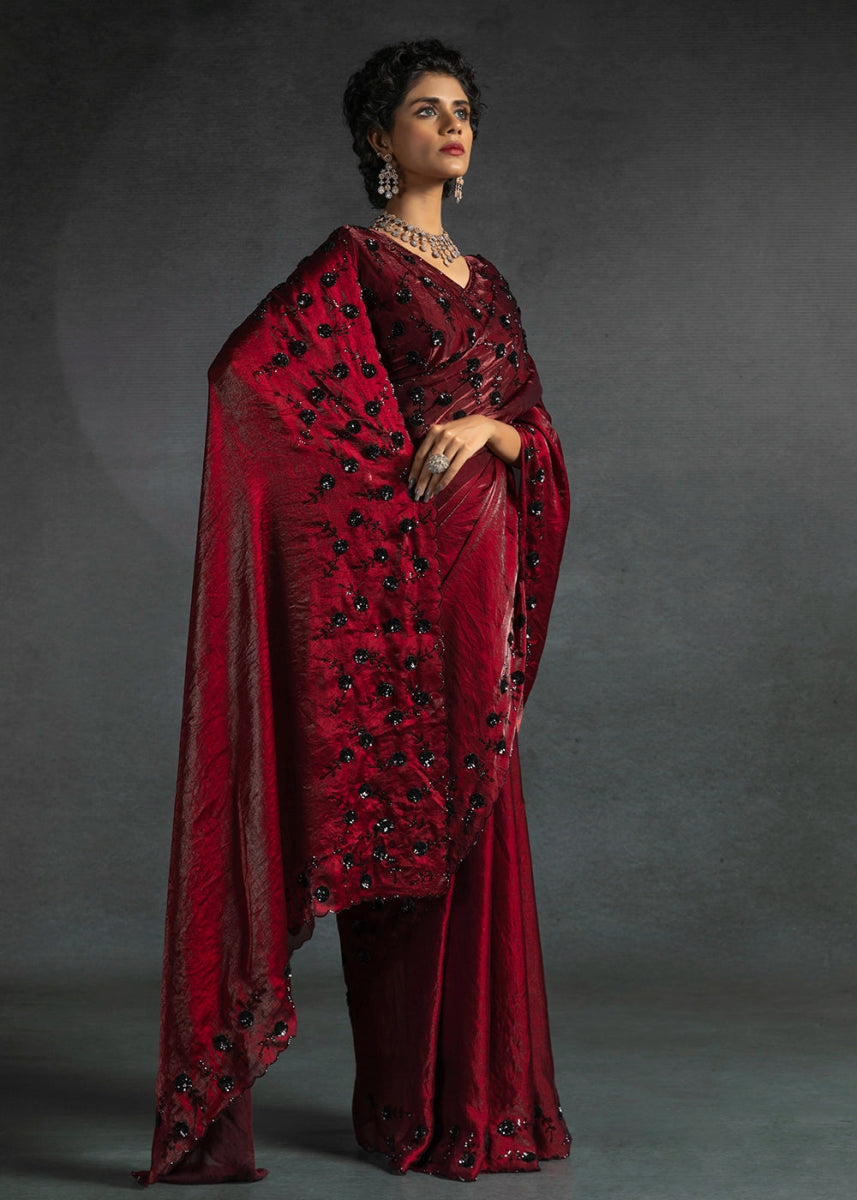 Maroon Red Two Tone Satin Silk Saree with Intricate Zarkan & cut work Border - House of Sarvati LLC