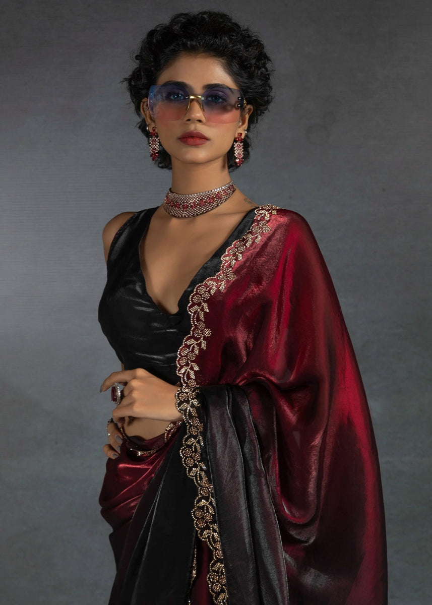Maroon Red Two Tone Satin Silk Saree with Intricate Zarkan & cut work Border - House of Sarvati LLC
