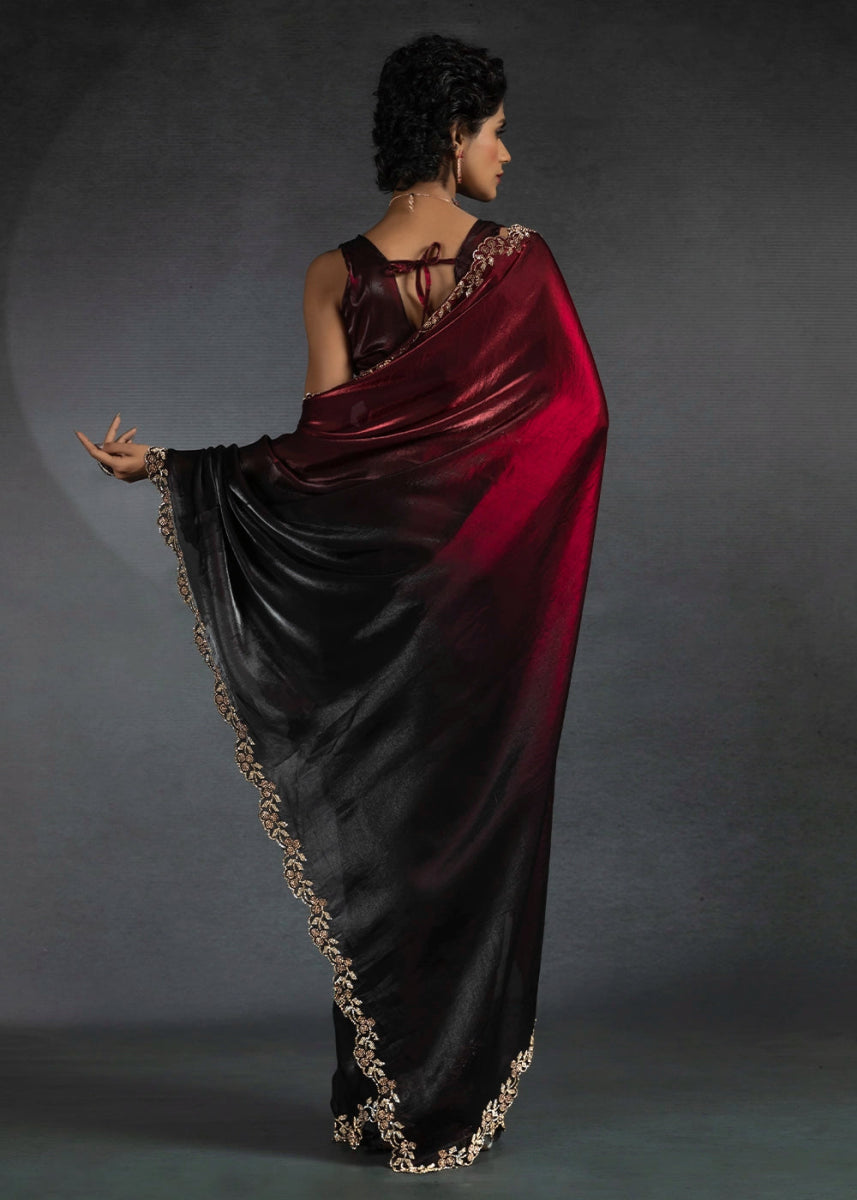 Maroon Red Two Tone Satin Silk Saree with Intricate Zarkan & cut work Border - House of Sarvati LLC