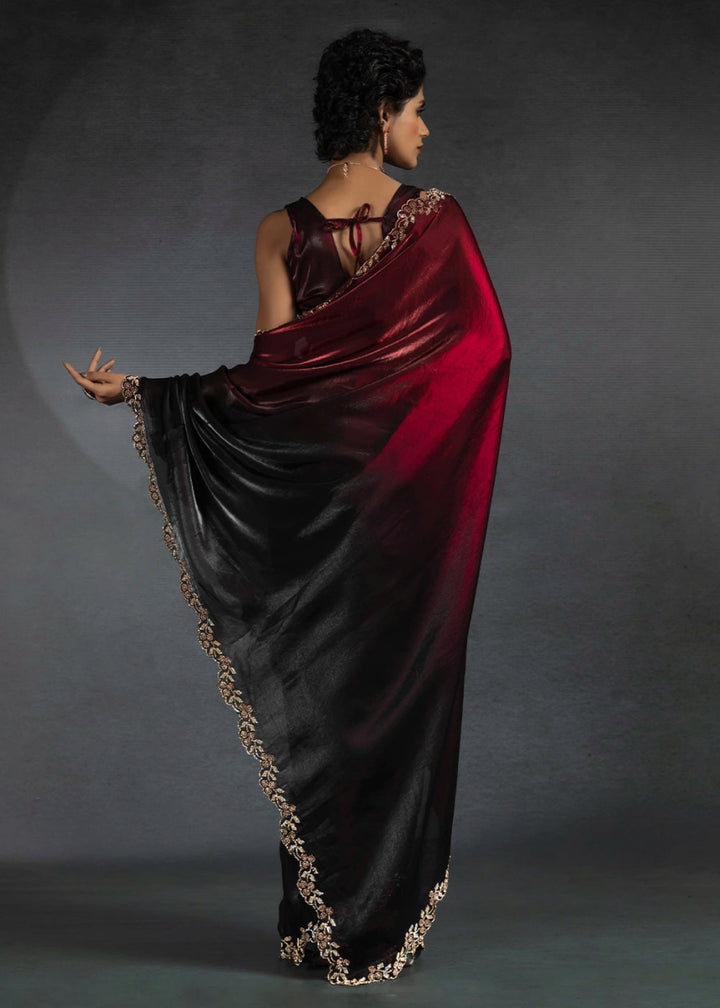 Maroon Red Two Tone Satin Silk Saree with Intricate Zarkan & cut work Border - House of Sarvati LLC