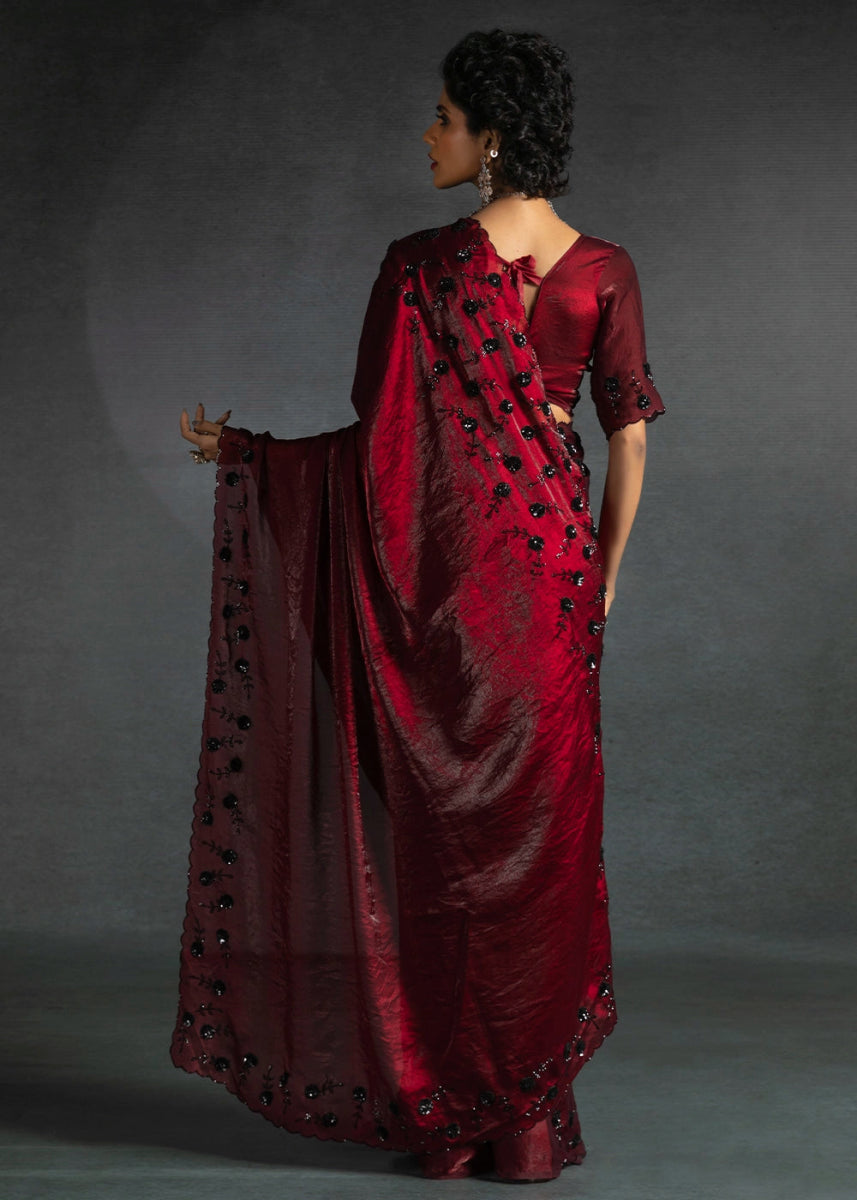 Maroon Red Two Tone Satin Silk Saree with Intricate Zarkan & cut work Border - House of Sarvati LLC