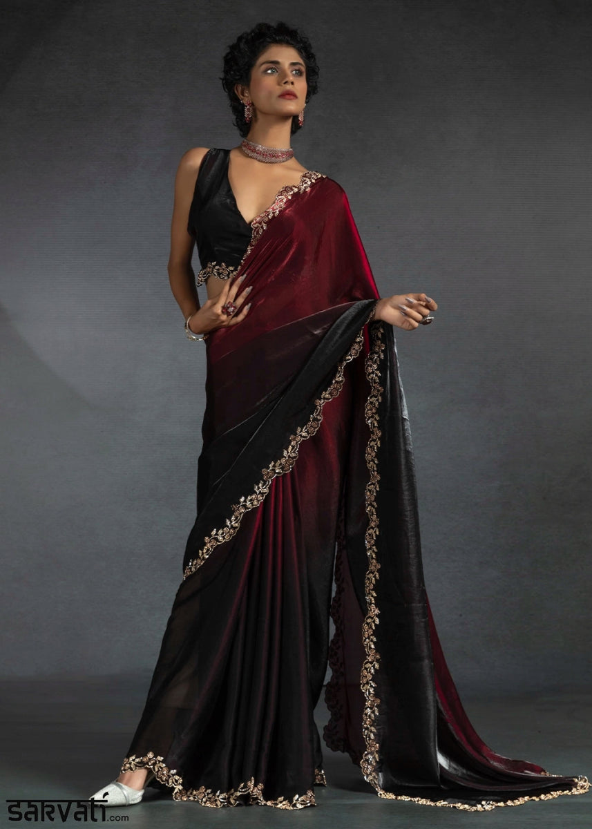 Maroon Red Two Tone Satin Silk Saree with Intricate Zarkan & cut work Border - House of Sarvati LLC