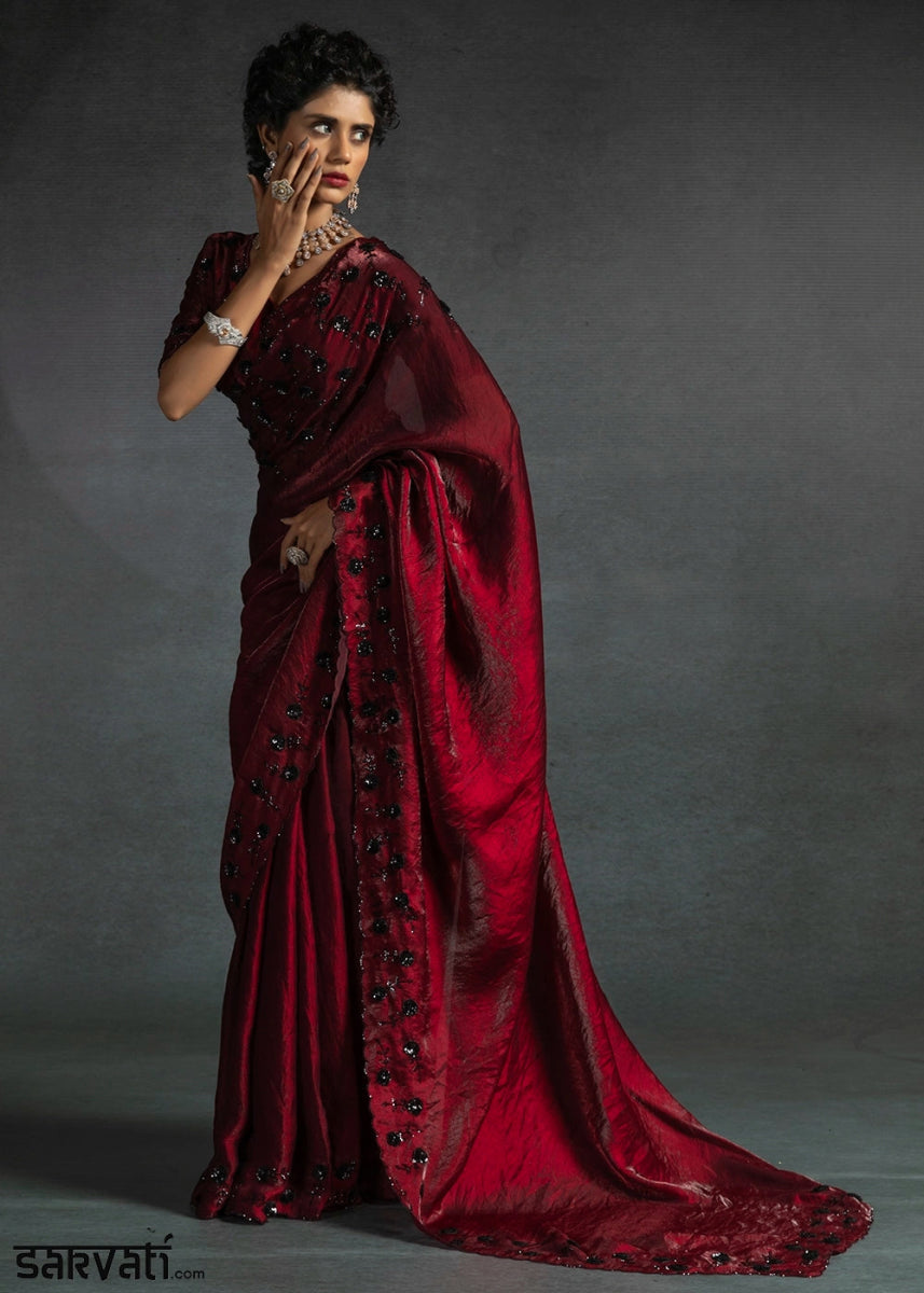 Maroon Red Two Tone Satin Silk Saree with Intricate Zarkan & cut work Border - House of Sarvati LLC